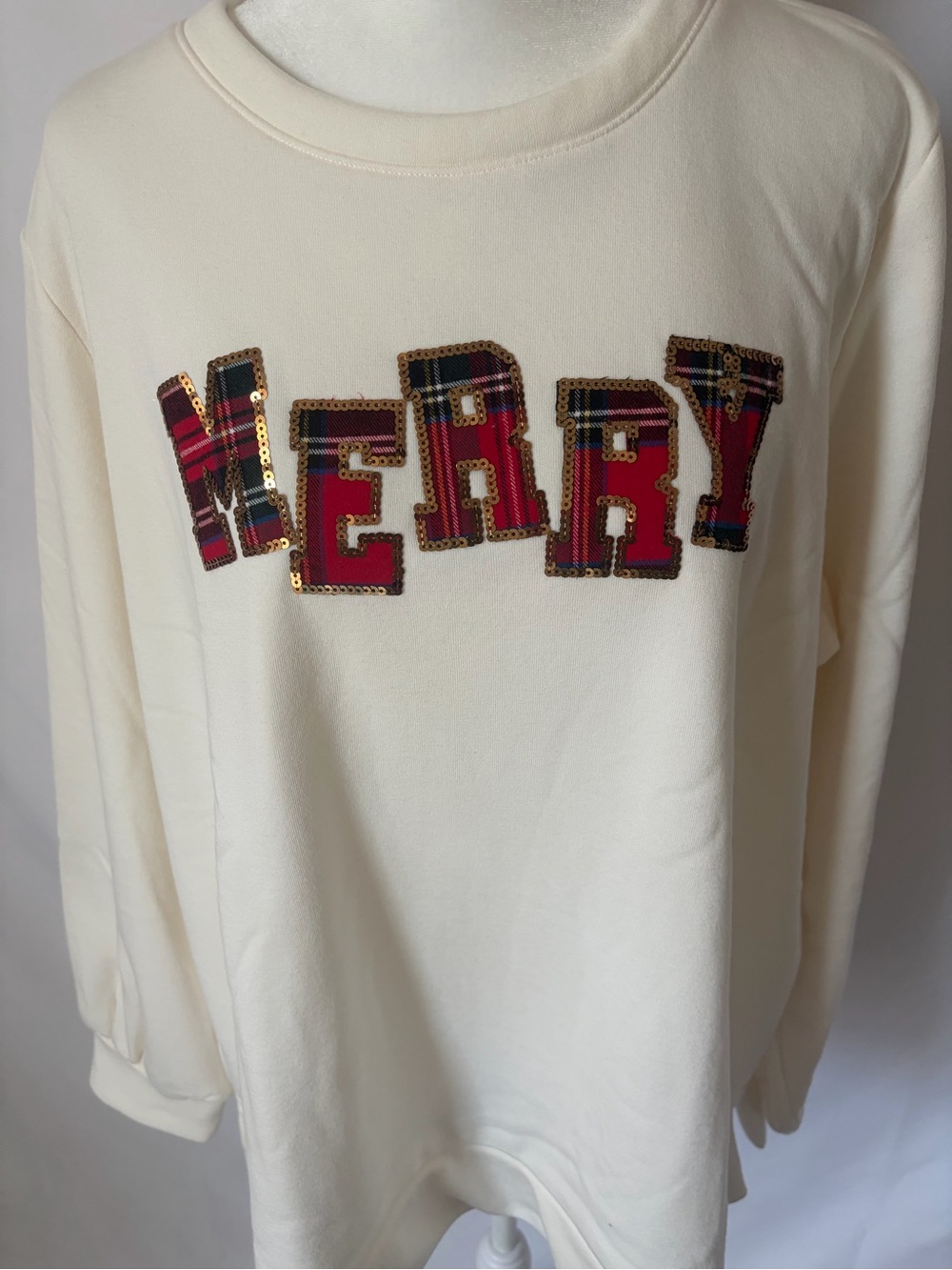 New Jingle Belles by Kim Gravel Totally Tartan Holiday Sweatshirt Cream X-Large - Picture 4 of 12